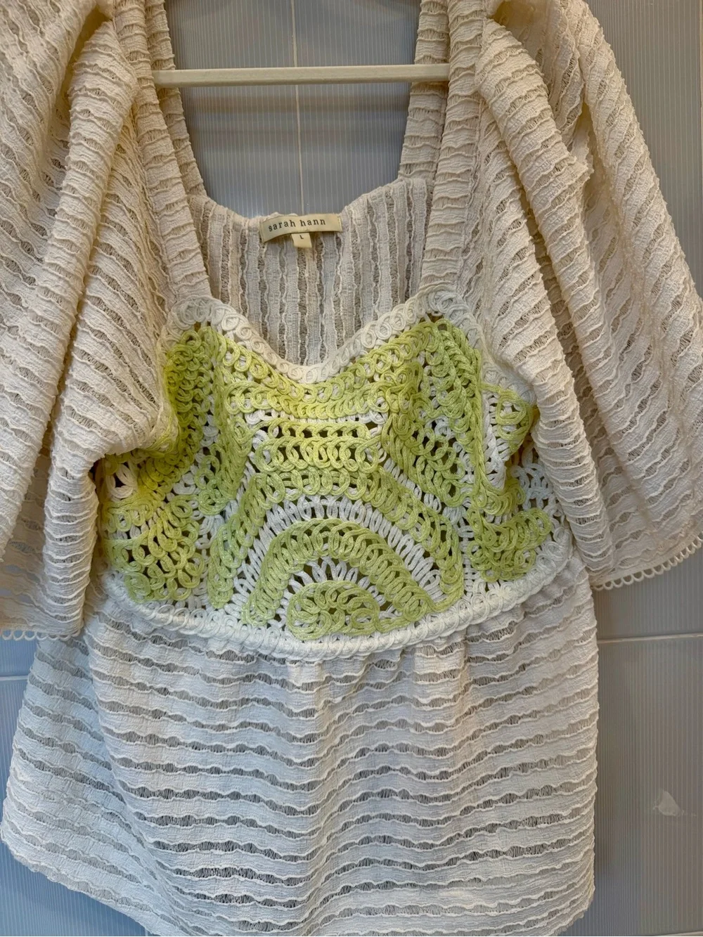 Anthropologie Cream Crochet Puff-Sleeve Top with Green Panel